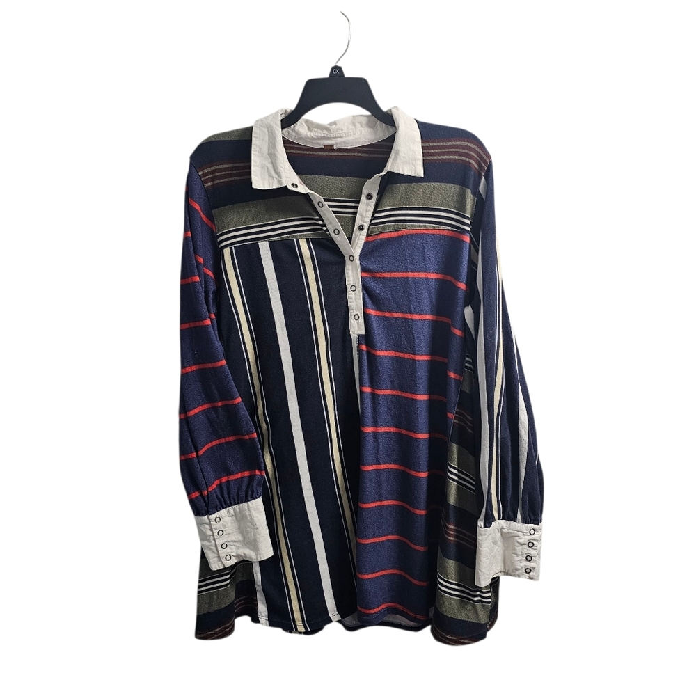 Free People Striped Long Sleeve Collared Tunic Top Oversized No Tag Lg/XL? FLAW